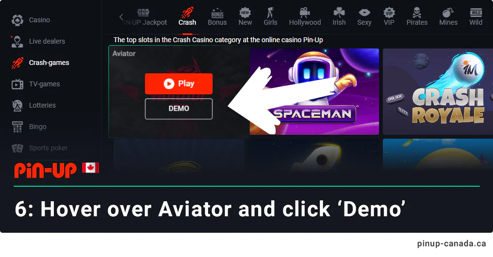 Hover on Aviator icon and click 'Demo' - Pin Up