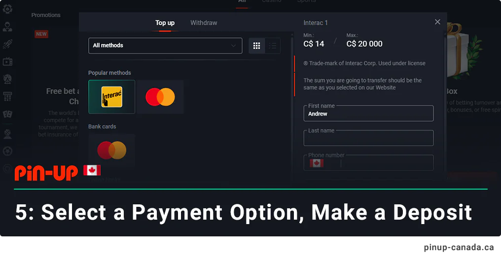 Select a payment option, make a deposit - Pin Up Canada