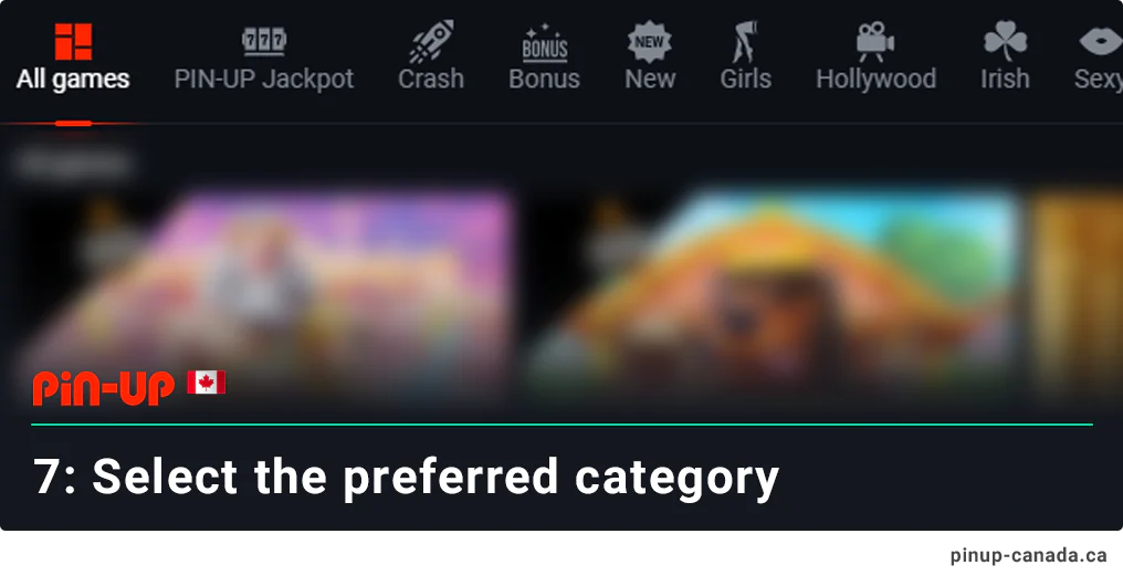 Select the Preferred Casino Category using top menu - Pin Up Canada