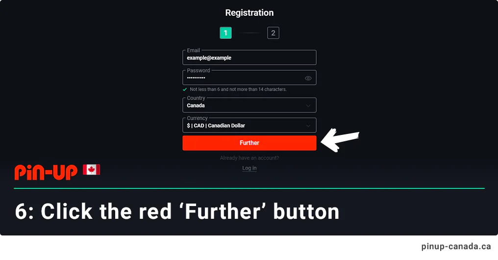 Click on the big red 'Furtherer' button to continue registration - Pin Up