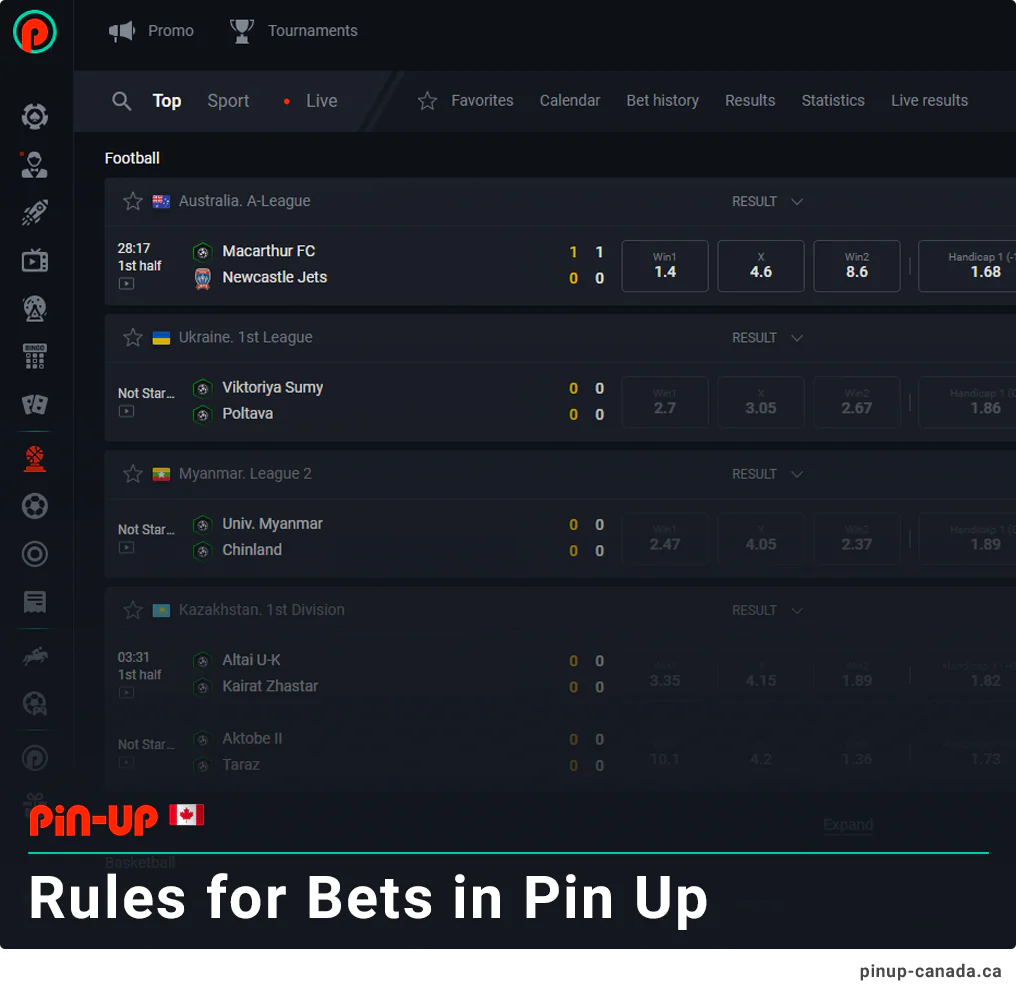 Rules for betting for sports at Pinup