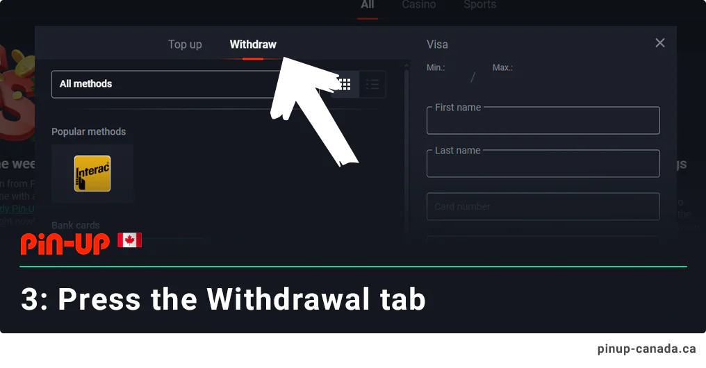 Select 'Withdrawal' tab - Pin Up Canada Withdrawals