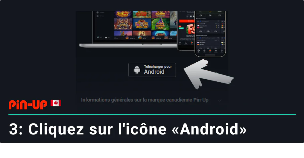 Cliquez sur l'icône Android dans le pied de page Pin Up