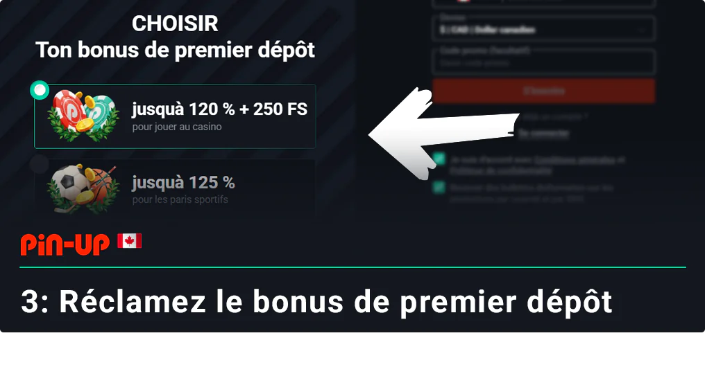 Choisissez l'un des bonus de dépôt - Pin Up Canada