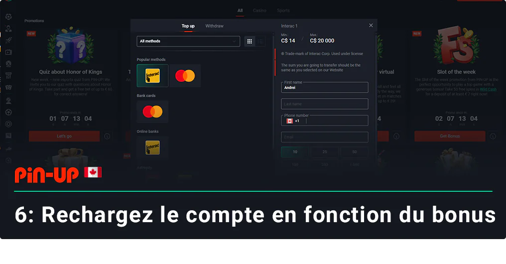 Rechargez le compte conformément aux conditions des bonus - Pin Up