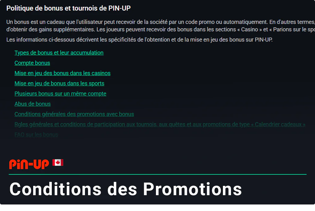 Conditions générales des bonus et promotions Pinup