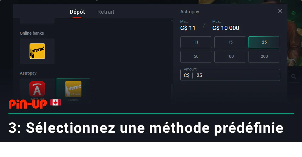 Sélectionnez votre mode de paiement préféré dans la liste proposée - Pin Up CA