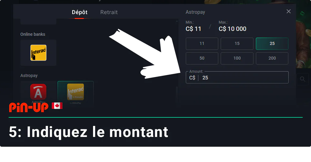 Indiquez le montant que vous souhaitez déposer sur Pin Up.