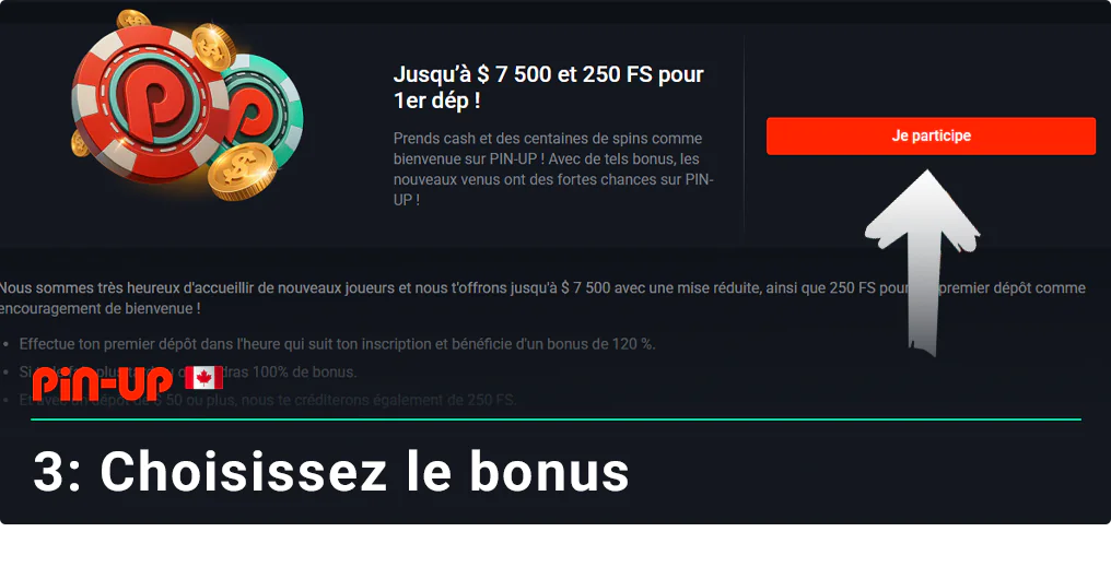 Si vous le souhaitez, choisissez l'un des bonus Pin Up Canada