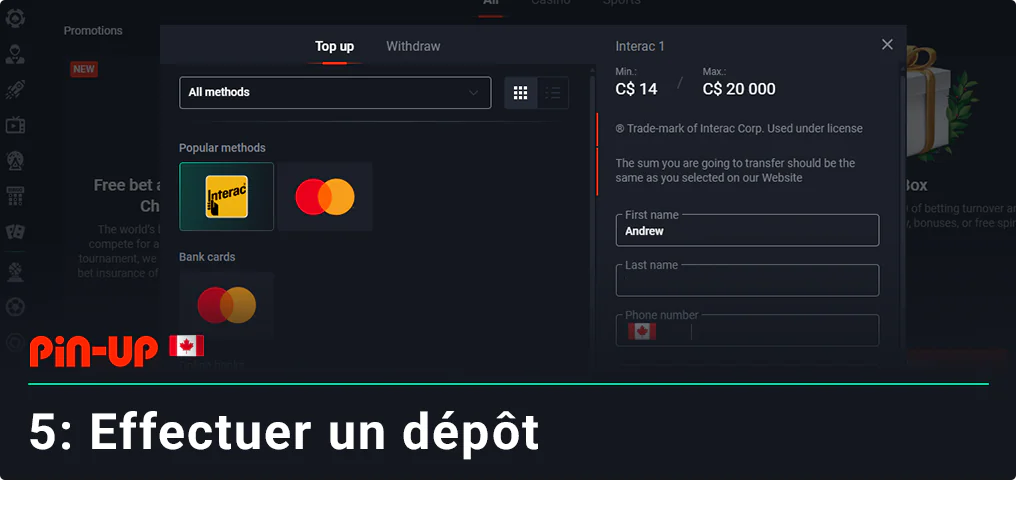 Sélectionnez un mode de paiement, effectuez un dépôt - Pin Up Canada