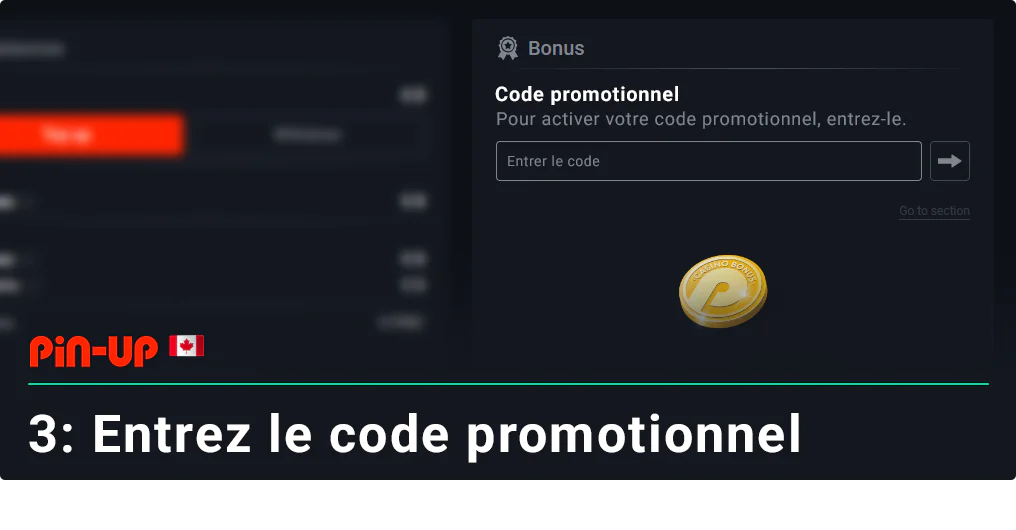 Dans la section bonus, entrez le code promotionnel Pin Up réel