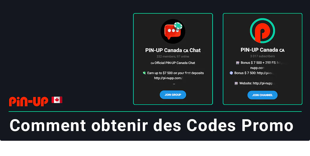 Vous pouvez obtenir le code promotionnel Pin Up en le recherchant sur la page Promos ou en vous abonnant à Pin Up CA Telegram.