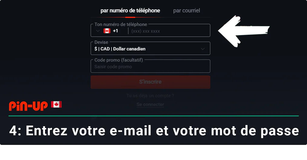 Entrez votre adresse e-mail et votre mot de passe - Inscription Pin Up