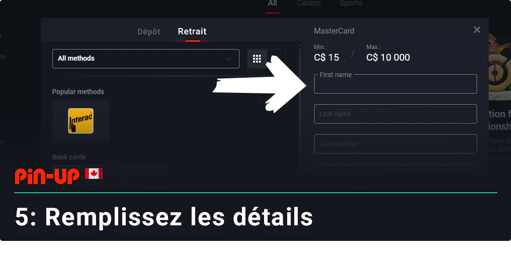 Remplissez toutes les informations nécessaires pour le retrait - Pin Up