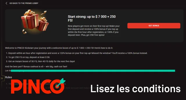 Lisez les conditions du bonus préféré pinco