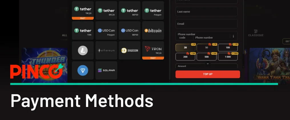 Pinco deposit methods are bank cards, e-wallets, and cryptocurrencies