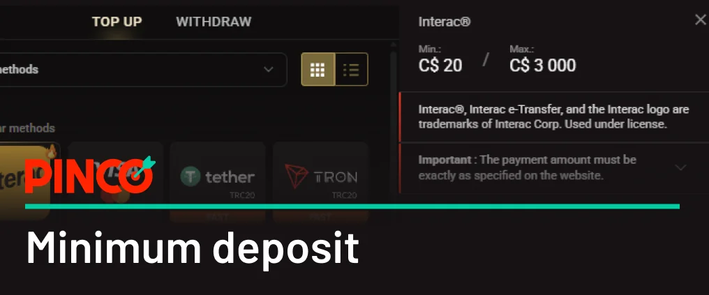 The Pinco minimum deposit amount is C$20