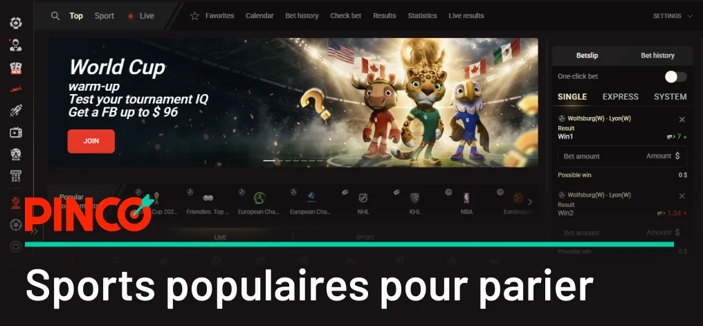Pinco propose plus de 40 disciplines sportives sur lesquelles parier