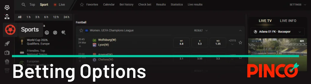 Pinco offers a range of sports and competitions to bet on