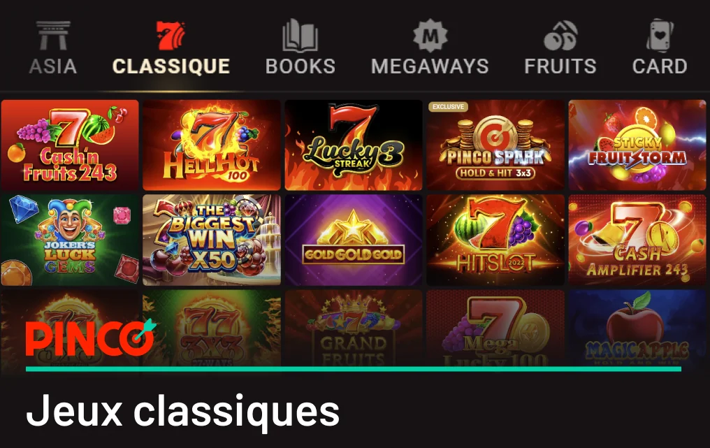 Jeux de machines à sous classiques traditionnels au casino Pinco