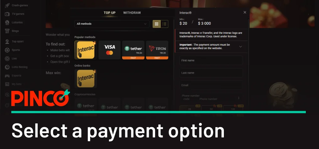 Select a payment option, make a deposit - Pinco Canada