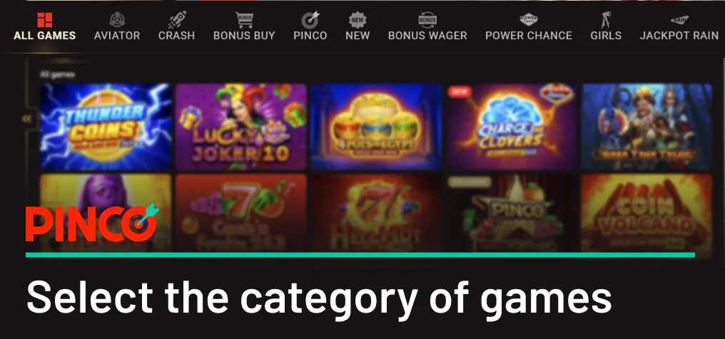 Select the Preferred Casino Category using top menu - Pinco Canada