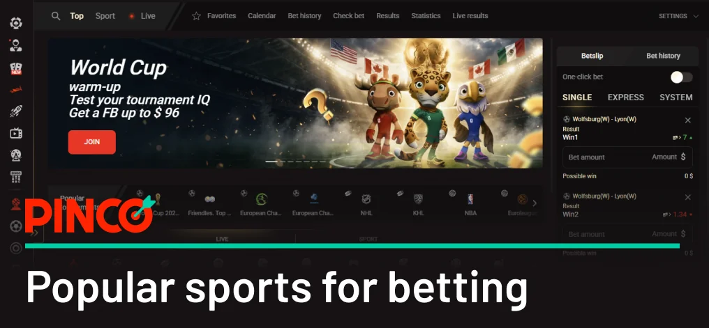 Pinco Provides more than 40 sports disciplines to bet on, including football, hockey, volleyball and basketball