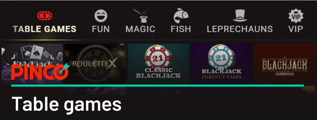 Table Games Category - Baccarat, Blackjack, Poker etc. - Pinco Canada