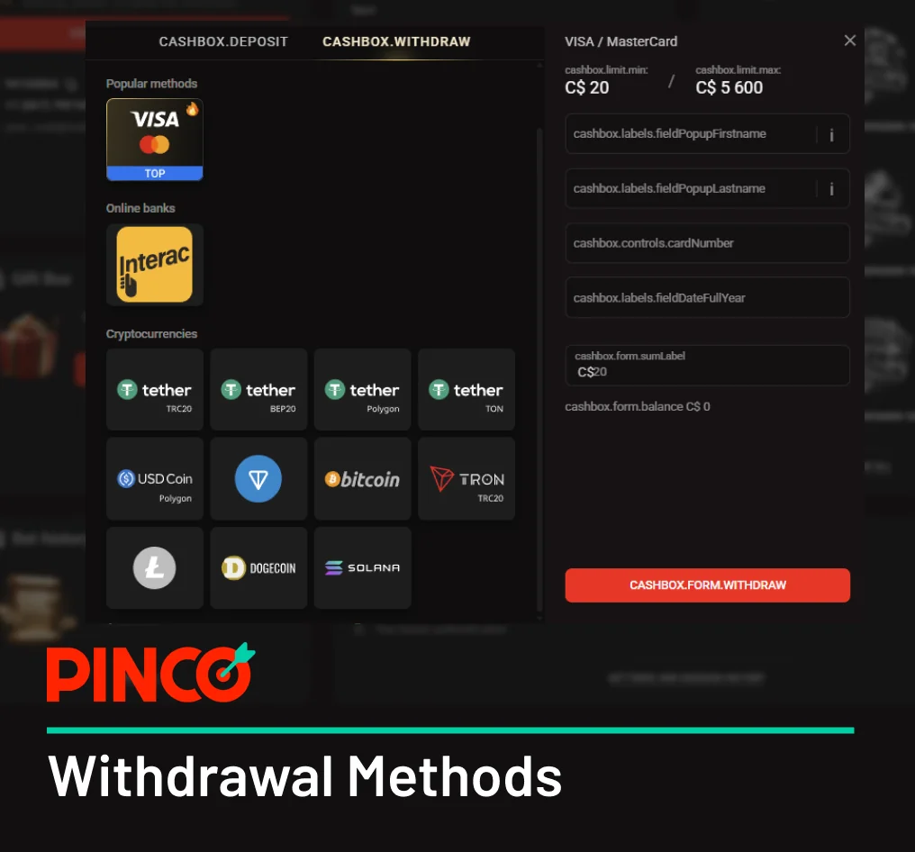 Pinco payment methods include bank cards, online banking and cryptocurrencies