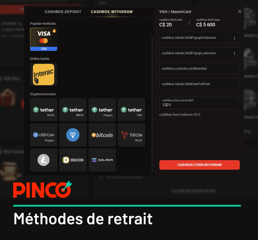 Liste actuelle des méthodes de retrait Pinco